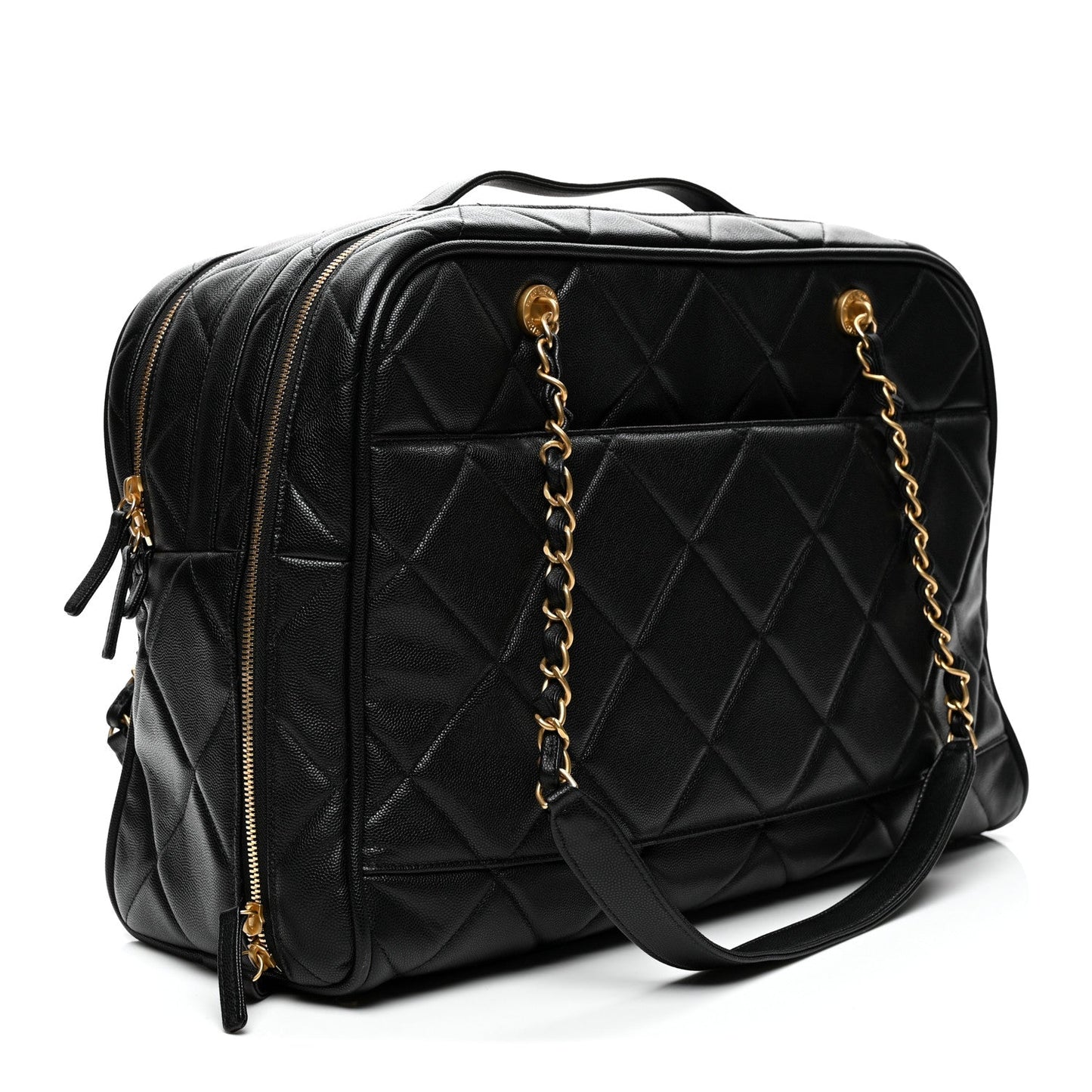 Shiny Grained Calfskin Quilted Travel Bowling Bag Black