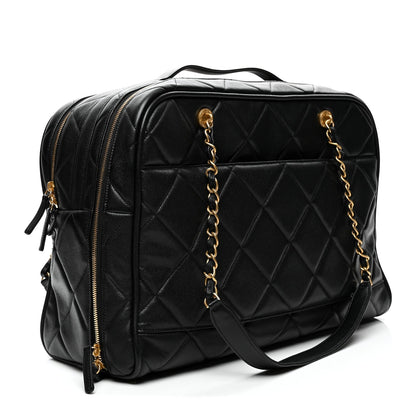 Shiny Grained Calfskin Quilted Travel Bowling Bag Black
