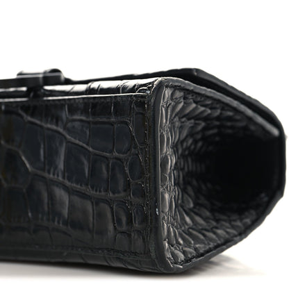 Shiny Calfskin Monochrome Crocodile Embossed Small Hourglass Top Handle Bag Black
