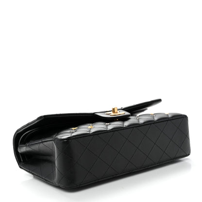 Lambskin Quilted Studded Medium Double Flap Black
