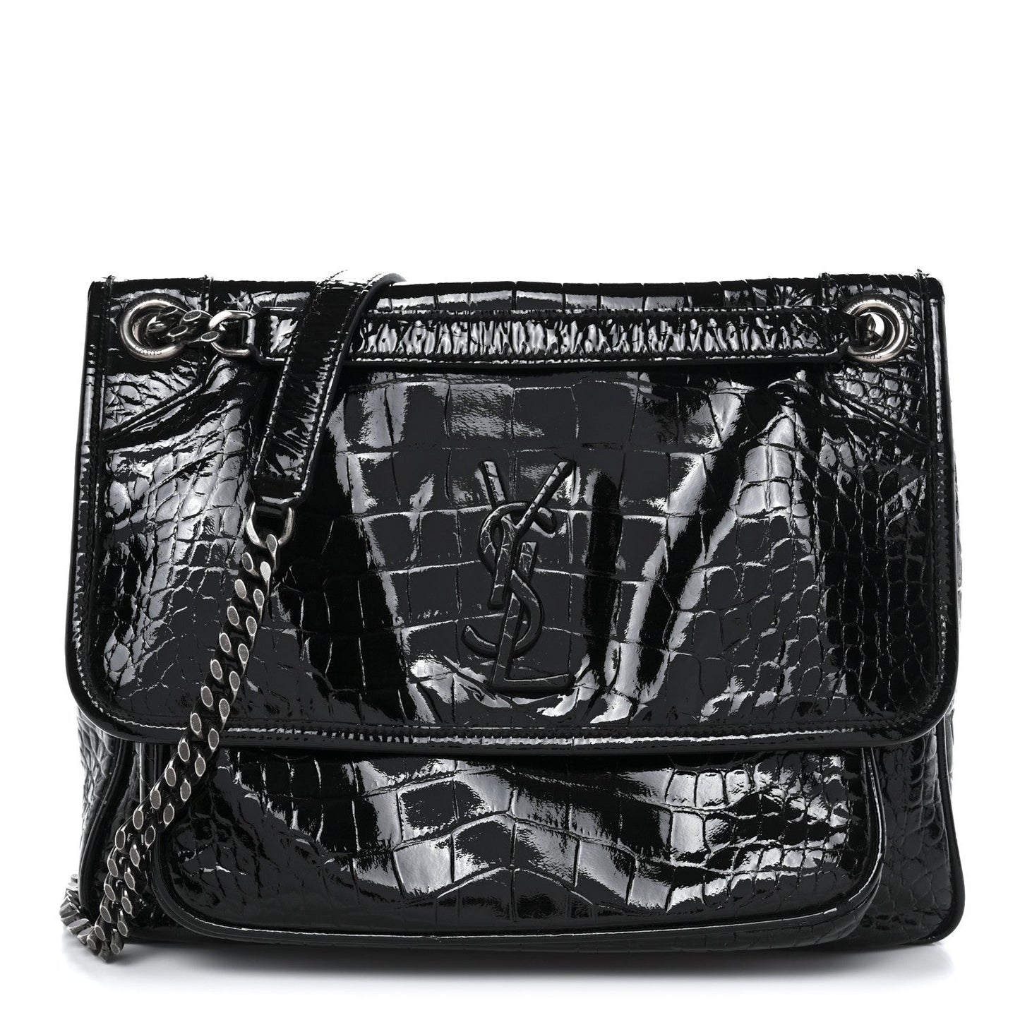 Patent Crocodile Embossed Lambskin Monogram Medium Niki Chain Satchel Black