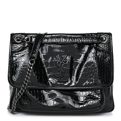 Patent Crocodile Embossed Lambskin Monogram Medium Niki Chain Satchel Black
