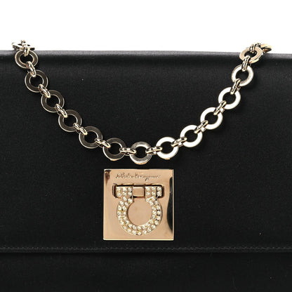 Satin Crystal Gancini Chain Flap Bag Black