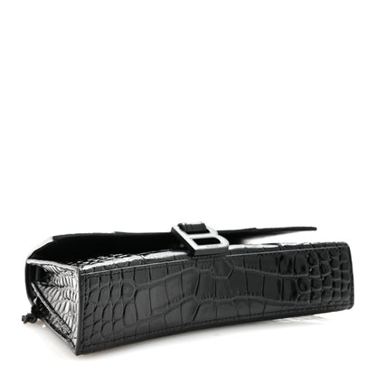 Shiny Calfskin Monochrome Crocodile Embossed Small Hourglass Evening Chain Bag Black