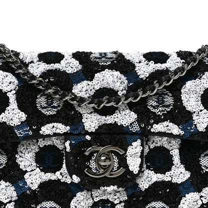 Satin Sequin Embellished Flower East West Flap Black White Blue
