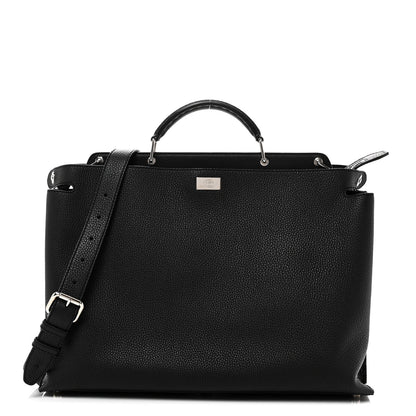 Cuoio Romano Selleria Vitello Grace Glazed Fabric FF 1974 Large Peekaboo Iconic Essential Satchel Black