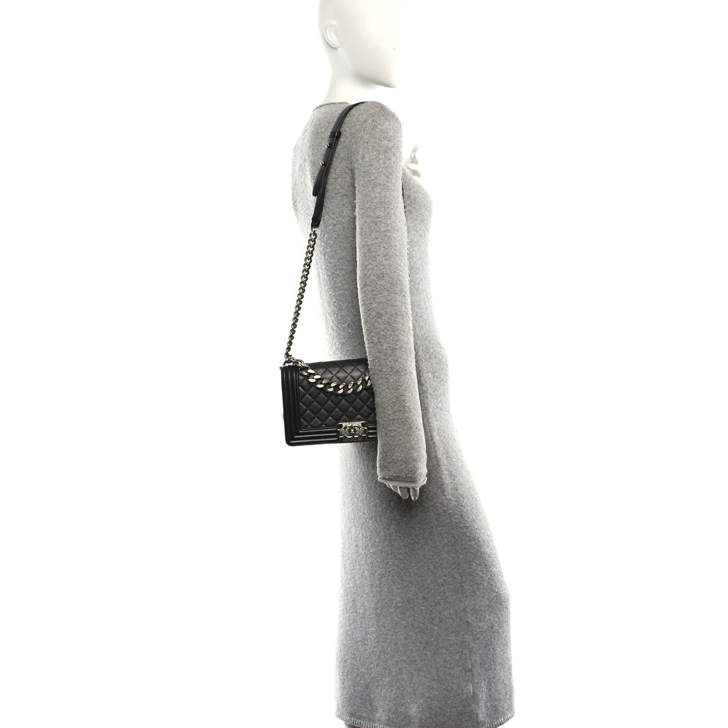 Metallic Lambskin Quilted Crystal Medium Boy Flap Grey