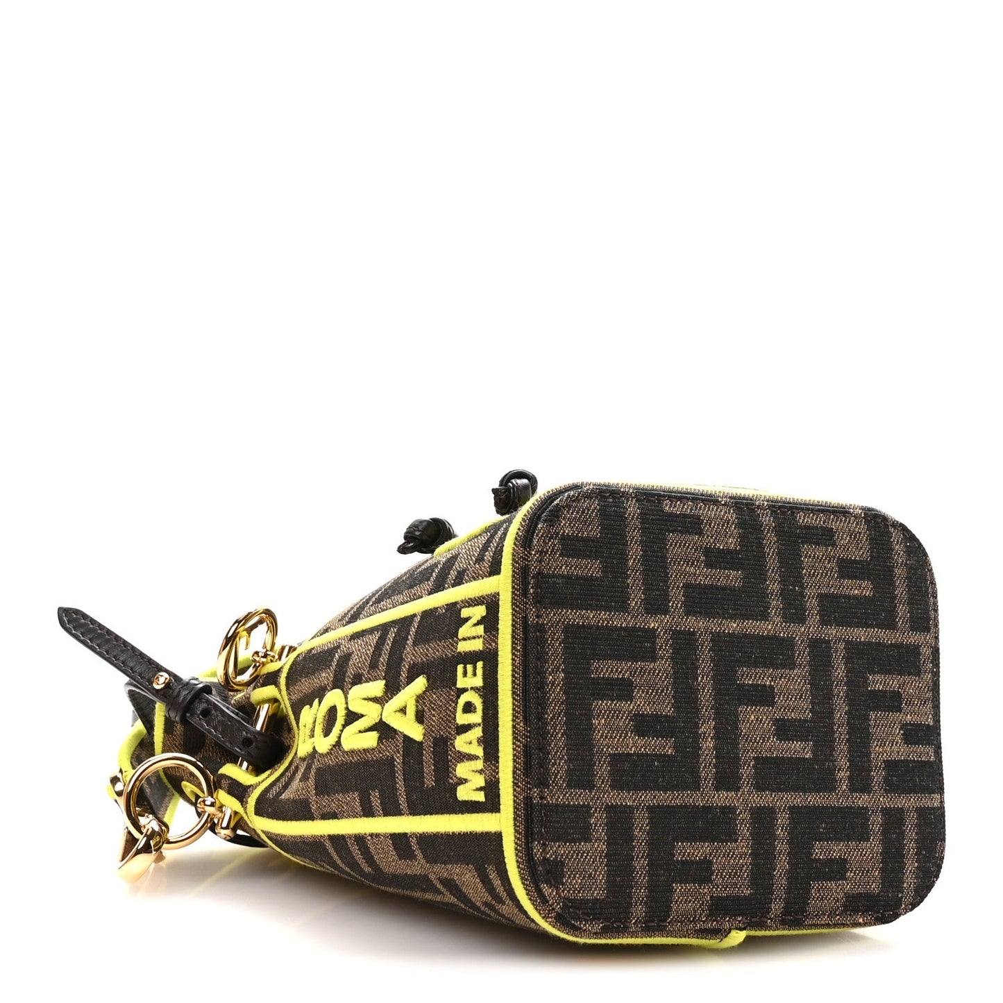Fabric Jacquard Shiny Nappa FF 1974 Logo Threaded Edge Mini Mon Tresor Bucket Bag Tobacco Moro Giallo Fluo