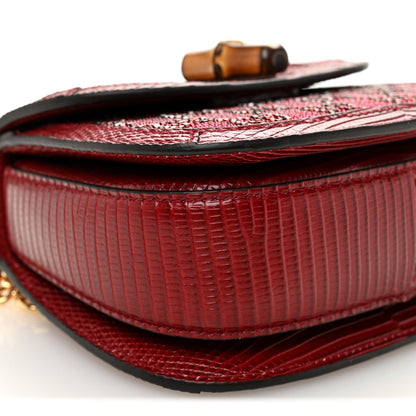 Moire Fabric Calfskin Rhinestone Monogram Monochrome Lizard Embossed Mini Bamboo 1947 Top Handle Chain Bag Red