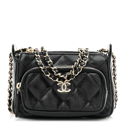 Shiny Crumpled Lambskin Quilted Mini Clutch With Chain Black