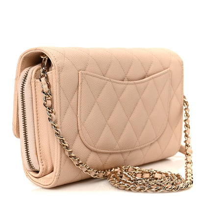 Caviar Quilted Phone Holder Wallet on Removable Chain Light Beige