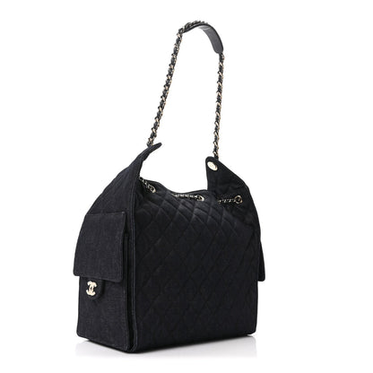 Denim Quilted Medium Chanel 25 Handbag Dark Blue