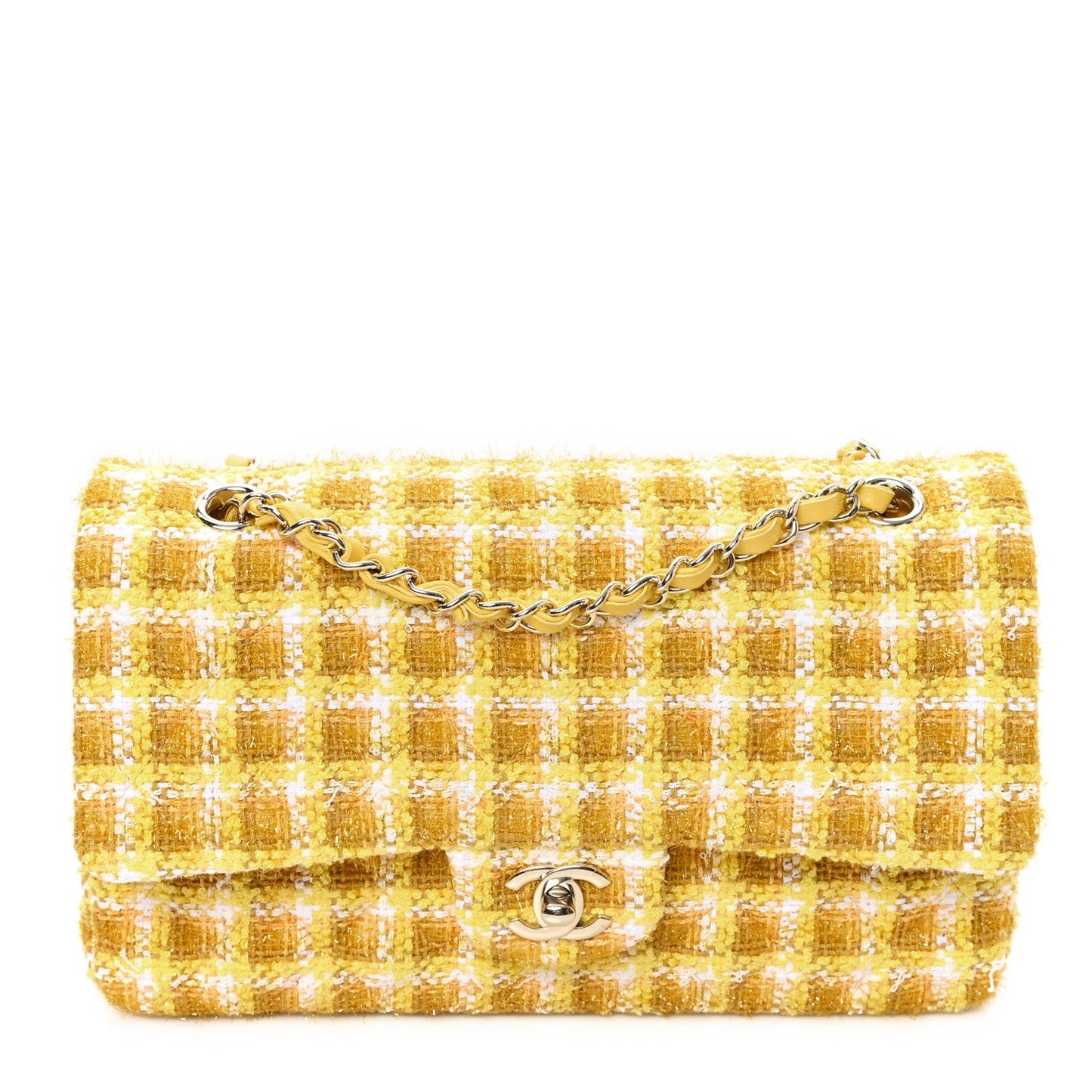 Tweed Quilted Medium Double Flap Yellow White Ochre