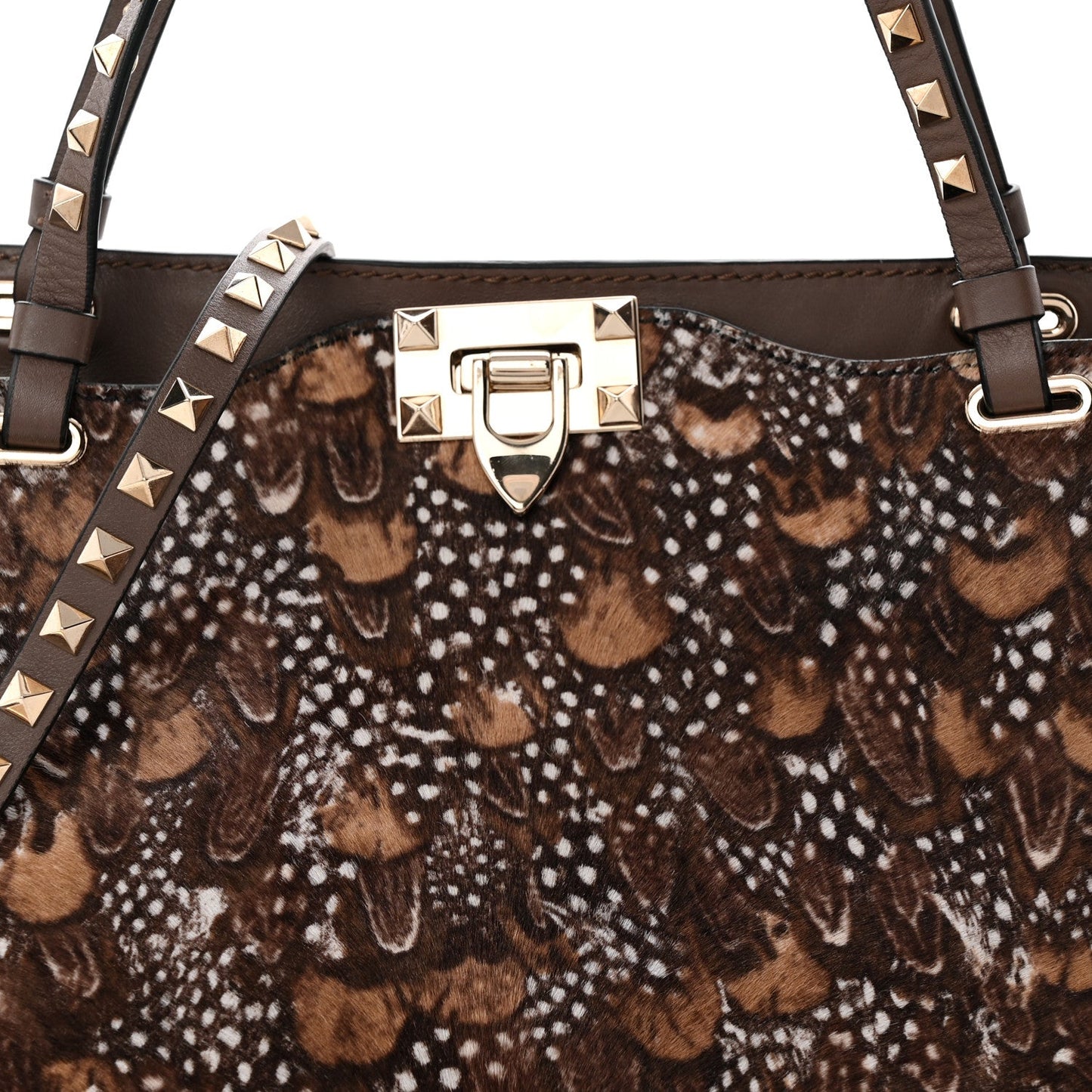 Calf Hair Feather Medium Rockstud Tote Brown
