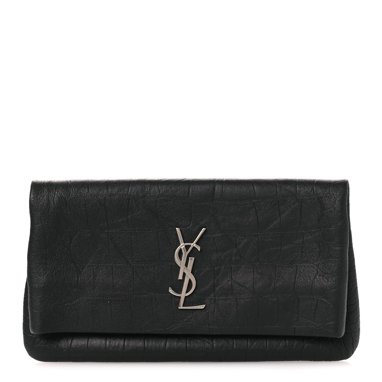 Calfskin Crocodile Embossed West Hollywood Monogram Fold Over Clutch Black