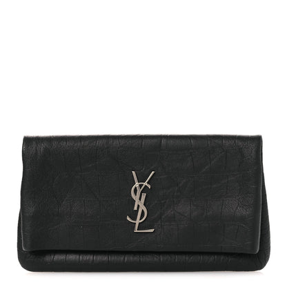 Calfskin Crocodile Embossed West Hollywood Monogram Fold Over Clutch Black