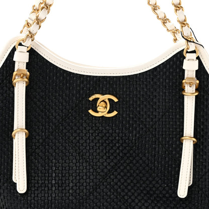 Braided Raffia Calfskin Stitched Small Shopping Tote Black White