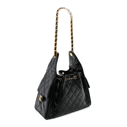Shiny Crumpled Calfskin Quilted Small Chanel 25 Handbag Black