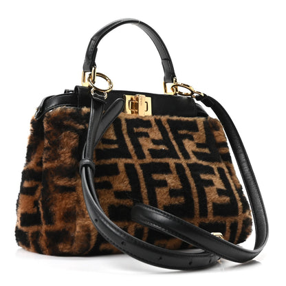 Shearling Nappa Macro FF 1974 Mini Peekaboo Iconic Satchel Tobacco Black