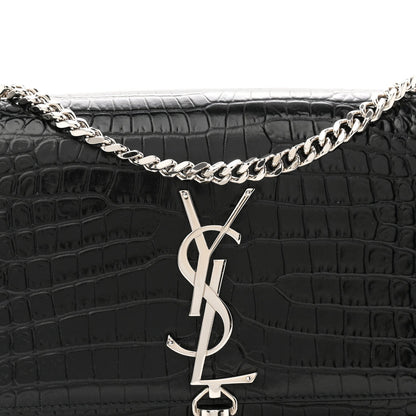 Calfskin Crocodile Embossed Small Classic Monogram Kate Tassel Satchel Black