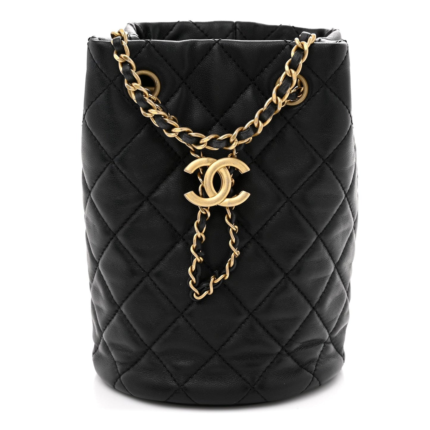 Lambskin Quilted Small Pearl Crush Bucket Bag Black