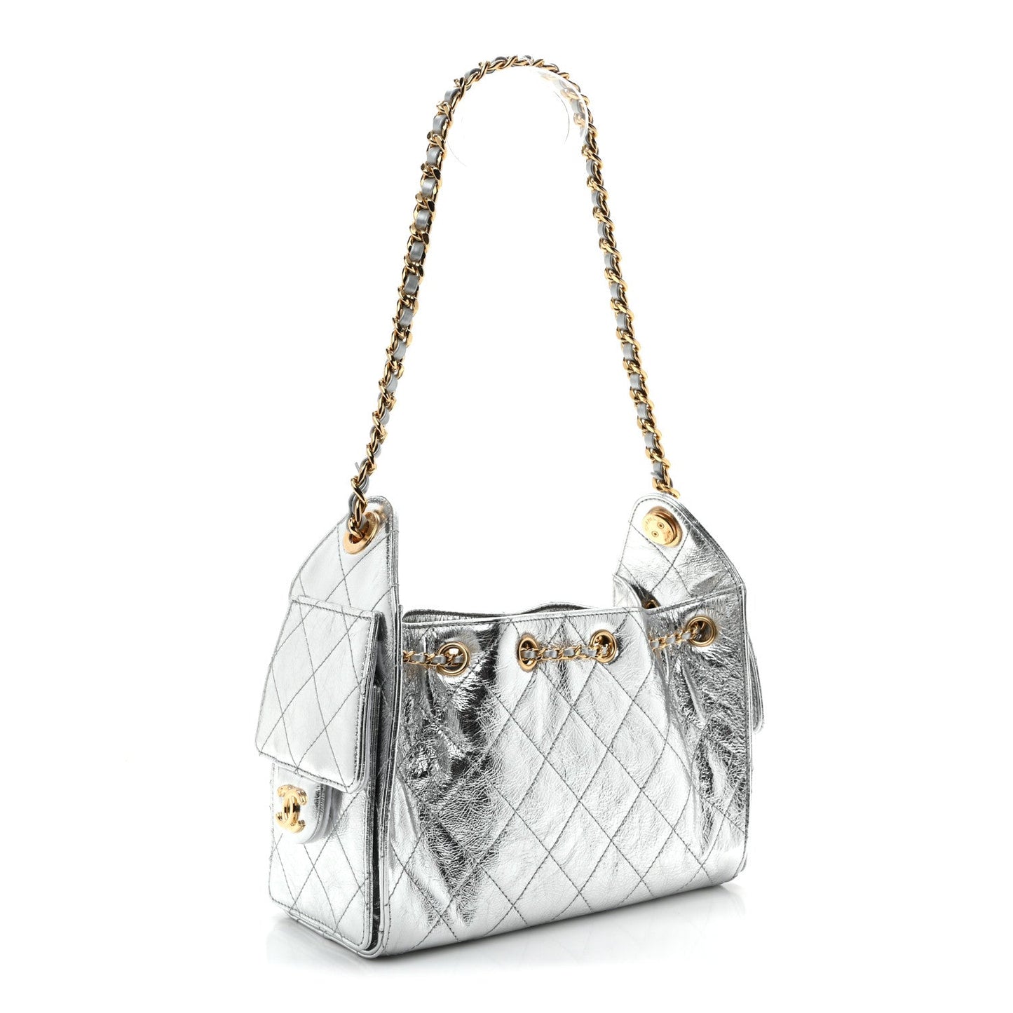 Metallic Aged Calfskin Mini Chanel 25 Handbag Silver