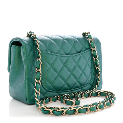 Iridescent Lambskin Quilted Mini Rectangular Flap Green