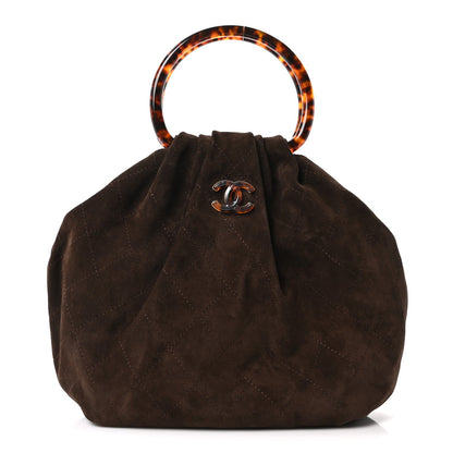Suede Calfskin Plexiglass Tortoise Shell Quilted Pouch Dark Brown