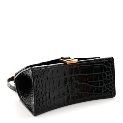 Shiny Calfskin Crocodile Embossed Small Hourglass Top Handle Bag  Black