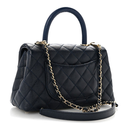 Caviar Quilted Lizard Embossed Mini Coco Handle Flap Navy Blue