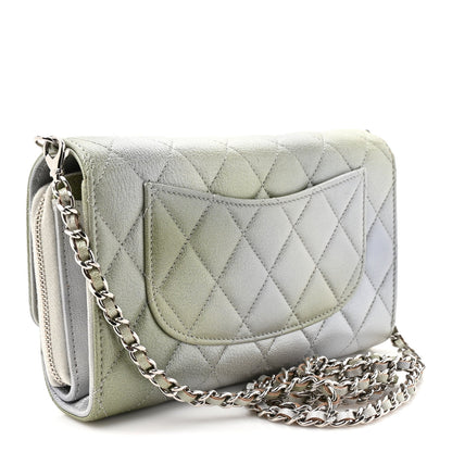 Metallic Goatskin Quilted Ombre Phone Holder Wallet on Removable Chain Grey Green