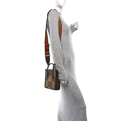 Monogram Jumbo GG Textured Dollar Calfskin Web Mini Vertical Tote Camel Ebony New Acero