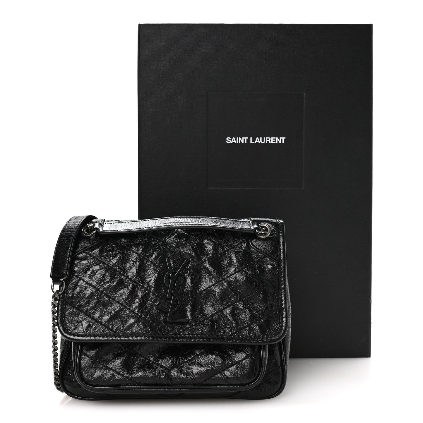 Crinkled Calfskin Matelasse Monogram Baby Niki Chain Satchel Black