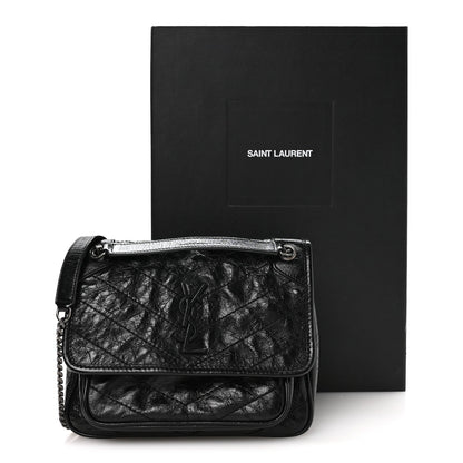 Crinkled Calfskin Matelasse Monogram Baby Niki Chain Satchel Black