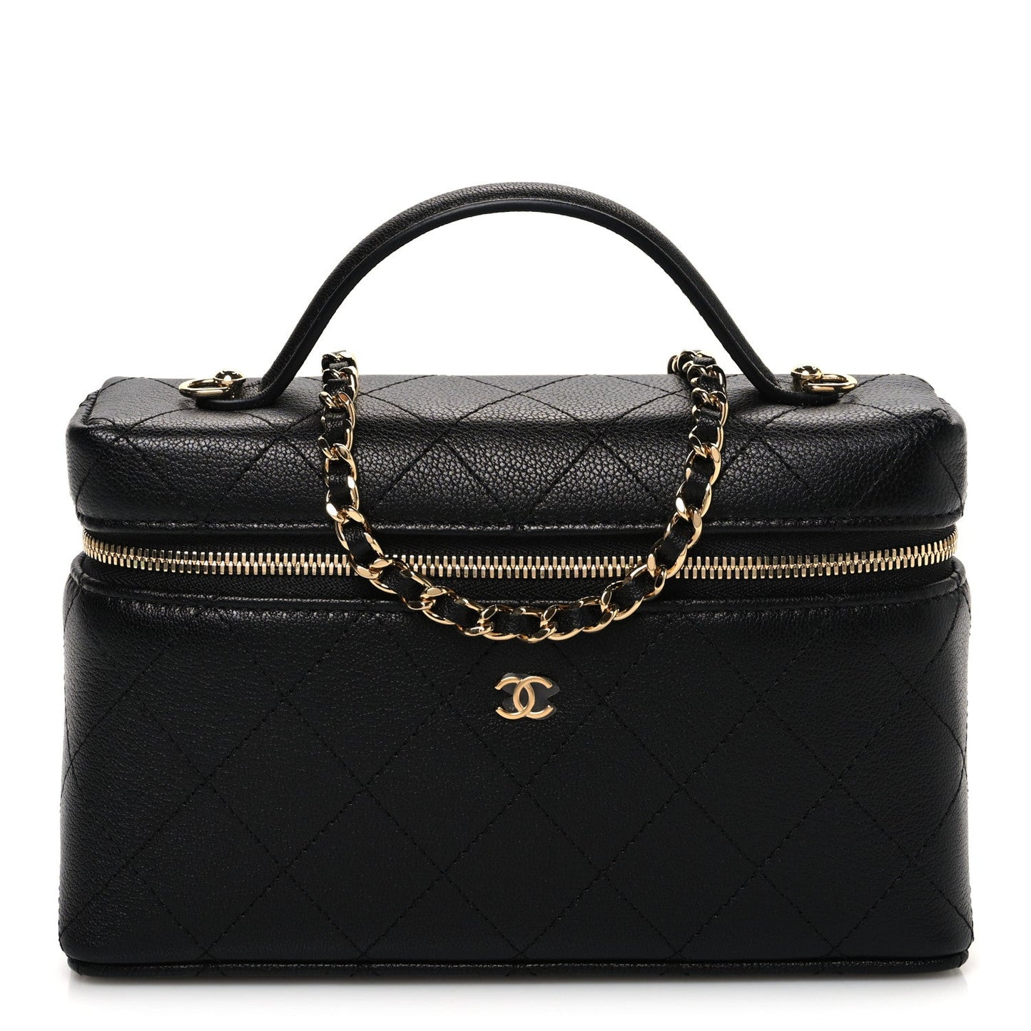 Goatskin Quilted Top Handle Slim Vanity With Chain Black