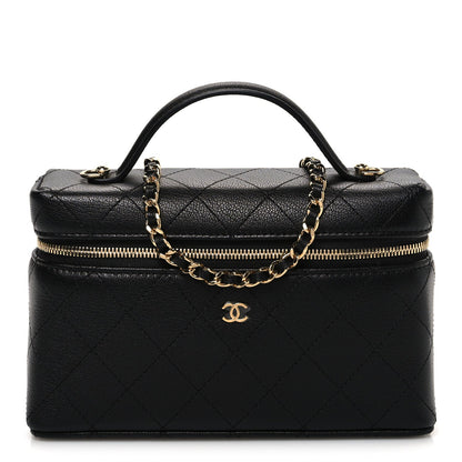 Goatskin Quilted Top Handle Slim Vanity With Chain Black