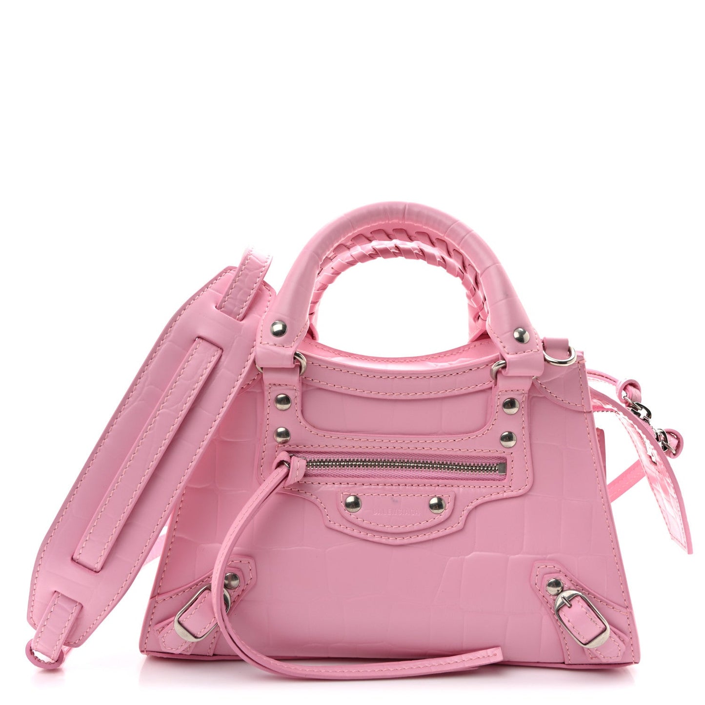 Semi Shiny Calfskin Crocodile Embossed Neo Classic Silver Hardware Mini City Pink
