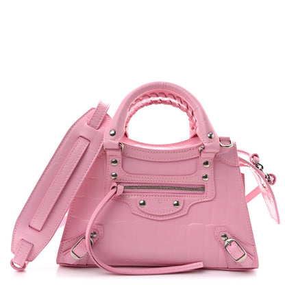 Semi Shiny Calfskin Crocodile Embossed Neo Classic Silver Hardware Mini City Pink