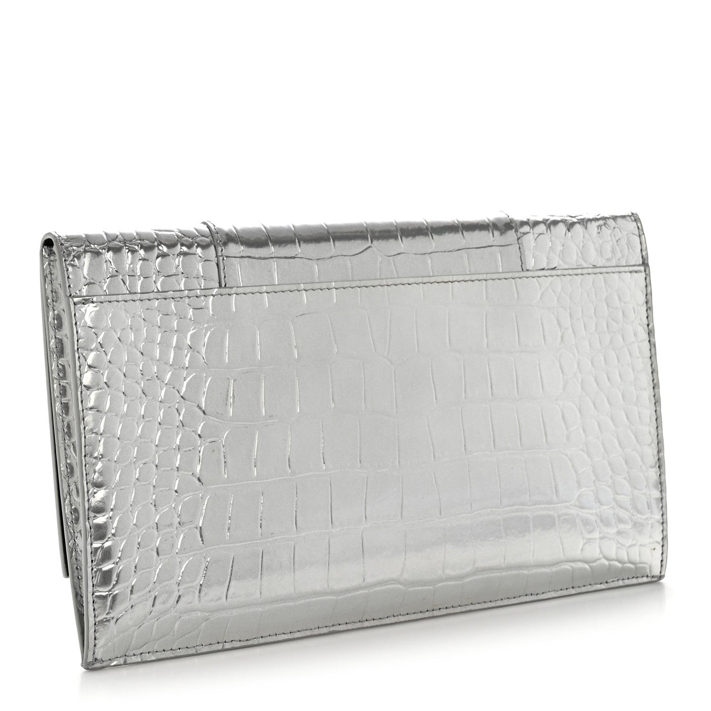 Metallic Calfskin Crocodile Embossed Hourglass Flap Flat Pouch Silver