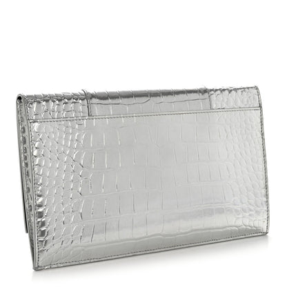 Metallic Calfskin Crocodile Embossed Hourglass Flap Flat Pouch Silver