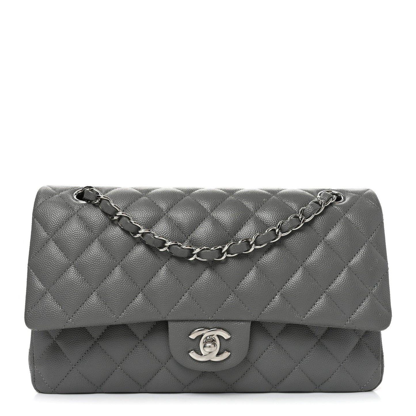 Caviar Quilted Medium Double Flap Grey