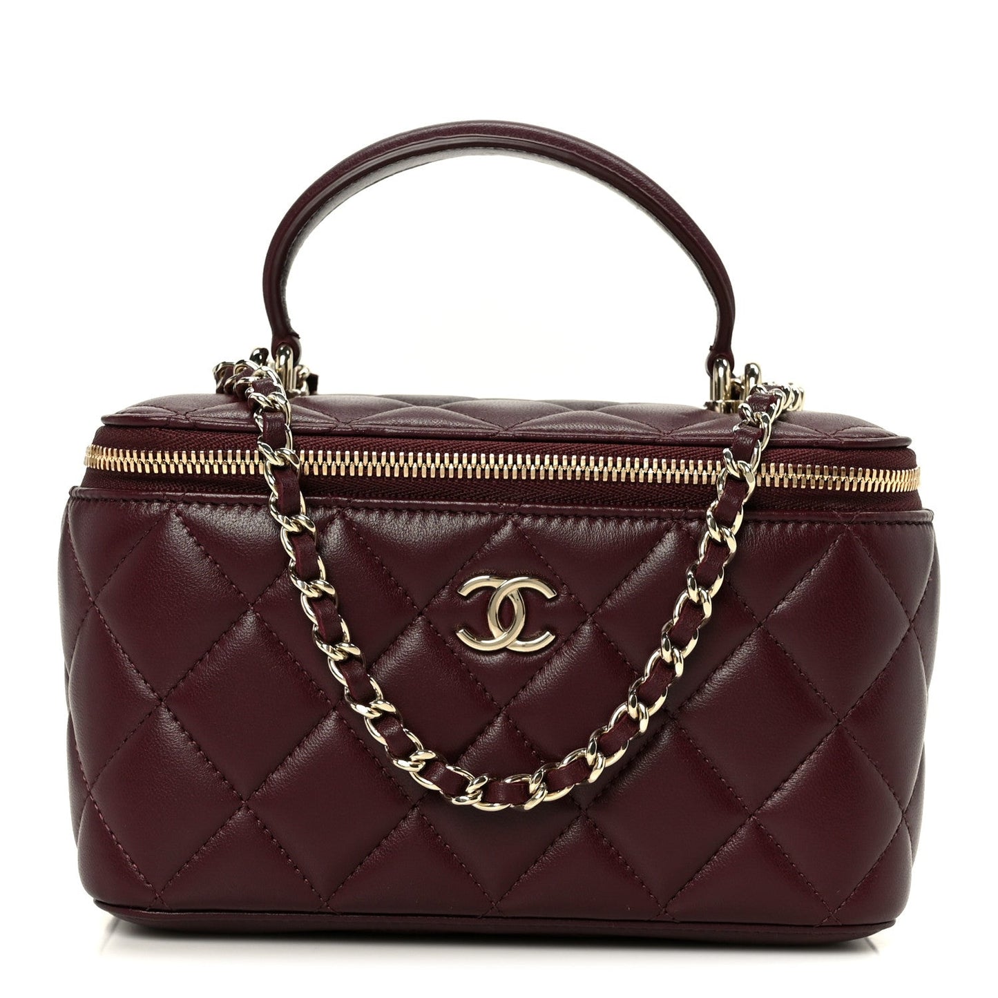 Lambskin Quilted Small Top Handle Vanity Case With Chain Burgundy