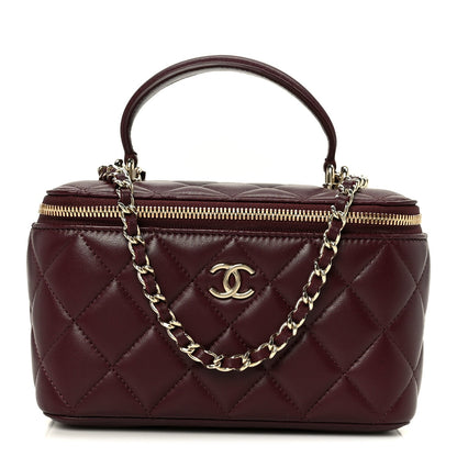 Lambskin Quilted Small Top Handle Vanity Case With Chain Burgundy
