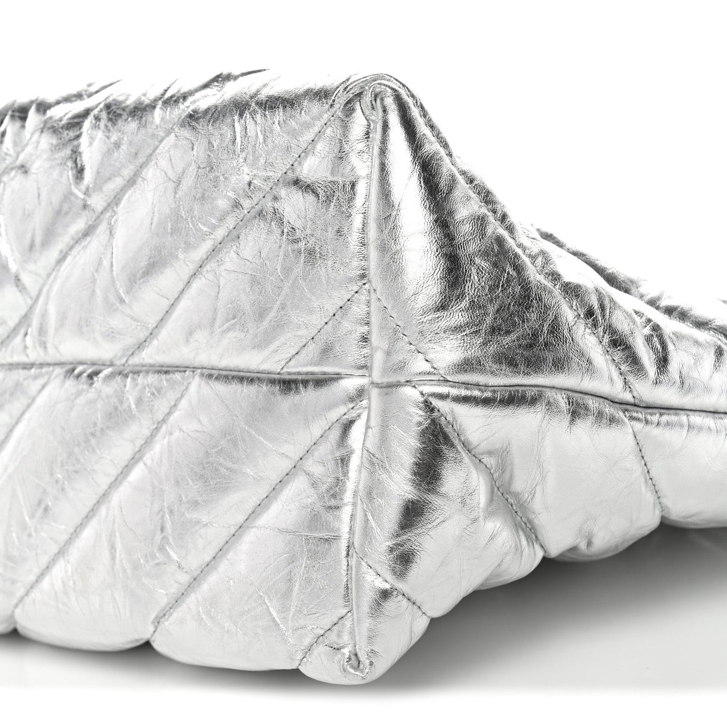 Metallic Crushed Calfskin Quilted Medium Crush Carry All Tote Bag Silver