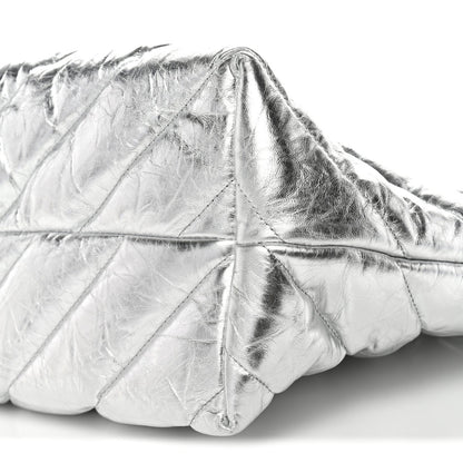 Metallic Crushed Calfskin Quilted Medium Crush Carry All Tote Bag Silver