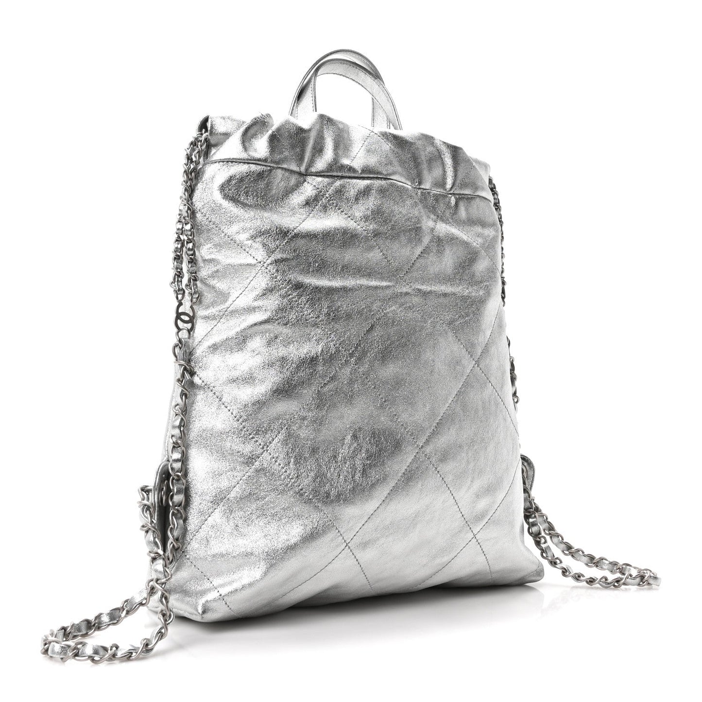 Metallic Calfskin Quilted Chanel 22 Backpack Silver
