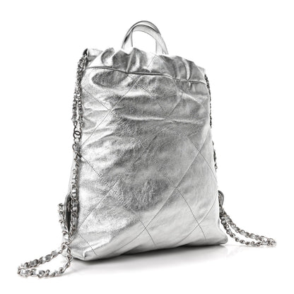 Metallic Calfskin Quilted Chanel 22 Backpack Silver
