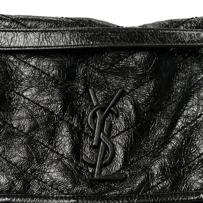 Crinkled Calfskin Matelasse Monogram Medium Niki Chain Satchel Black