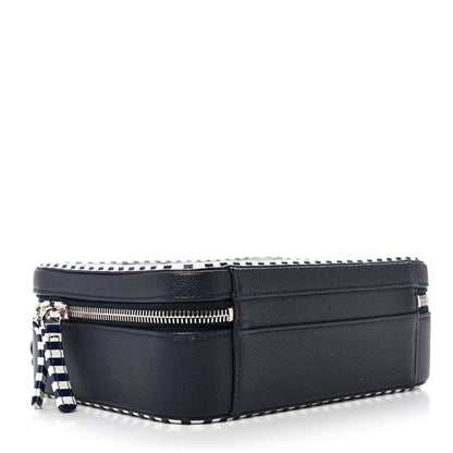 Caviar Quilted Striped Medium CC Filigree Vanity Case Navy White
