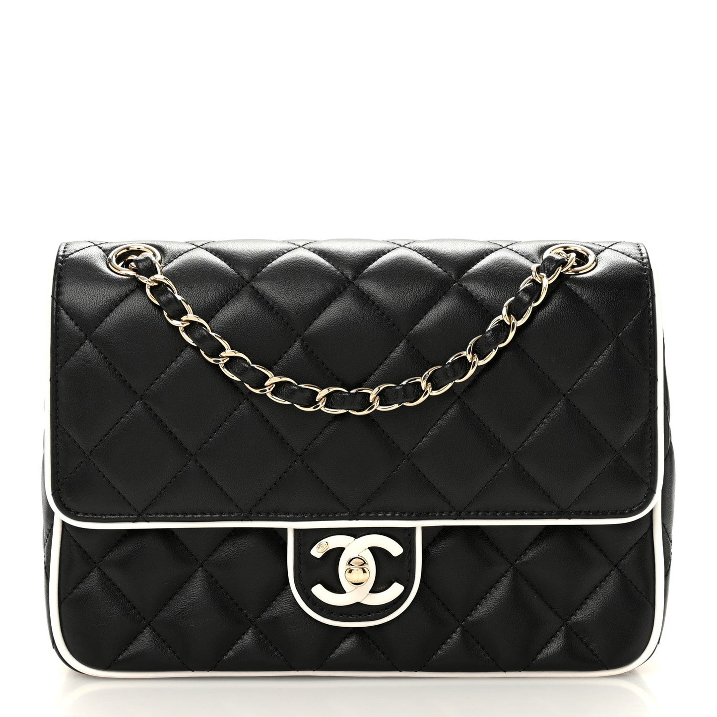 Lambskin Quilted Resin Graphic Frame Flap Bag Black White